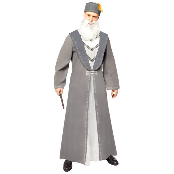 Erwachsener in einem Albus Dumbledore Kostüm aus Harry Potter mit langer Robe, weißem Bart, zu finden im Kostümshop Berlin.