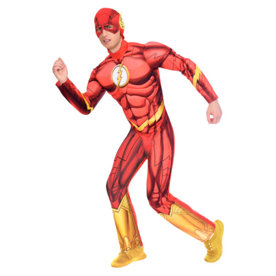 Ein rotes Flash-Kostüm für Erwachsene mit gelbem Gürtel, Blitz-Logo auf der Brust und passender Maske.