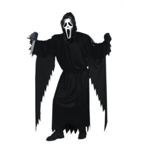 Ein Mann im schwarzen Ghostface Kostüm für Herren mit der bekannten weißen Scream-Maske für Erwachsene zu finden im Halloween Shop Berlin
