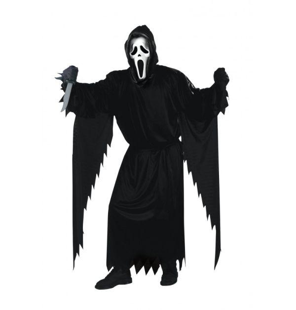 Ein Mann im schwarzen Ghostface Kostüm für Herren mit der bekannten weißen Scream-Maske für Erwachsene zu finden im Halloween Shop Berlin