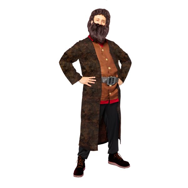 Ein Mann zeigt ein authentisches Hagrid Kostüm für Herren. Dieses und viele weitere Hogwarts-Outfits könnt ihr bei uns im Kostümladen in Berlin direkt anprobieren.