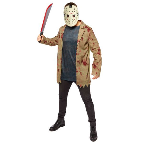 Ein erwachsener Mann in einem Jason Kostüm für Herren trägt die typische Maske aus dem Film Freitag der 13.