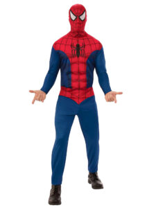 Ein Mann zeigt ein originalgetreues Spider-Man Kostüm für Herren. Diesen und weitere Superhelden-Anzüge könnt ihr direkt bei uns im Kostümladen in Berlin kaufen.