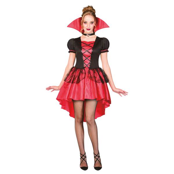 Eine Frau trägt ein elegantes, kurzes Vampir Kostüm für Damen in einem auffälligen schwarz-roten Design.