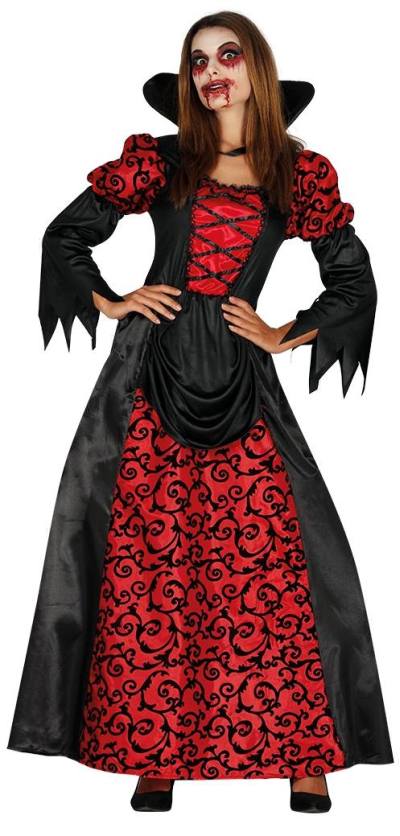 Eine erwachsene Frau trägt ein aufwendiges, Vampir-Kostüm in Schwarz und Dunkelrot.