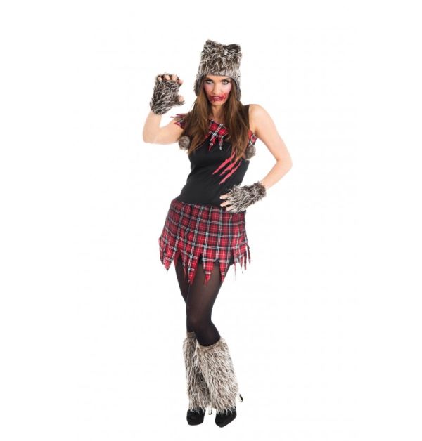 Eine Frau präsentiert ein klassisches Werwolf Kostüm für Damen und ist als gruselige Werwölfin verkleidet.