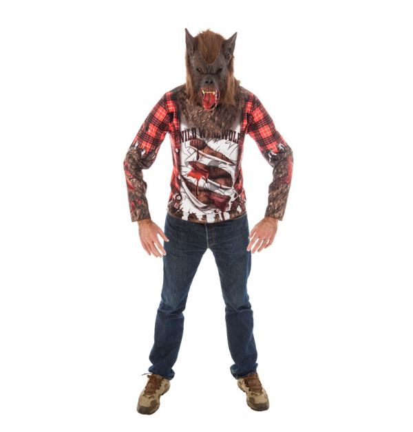 Ein erwachsener Mann präsentiert ein gruseliges Werwolf Kostüm für Herren, inklusive einer detaillierten Wolfsmaske.