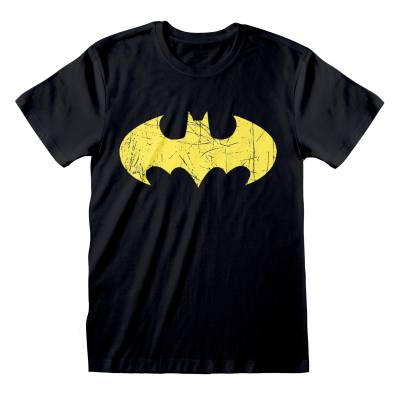 Ein schwarzes T-Shirt mit einem übergroßen, Batman-Logo – einer gelben Fledermaus, das fast die gesamte Vorderseite der Brust einnimmt."