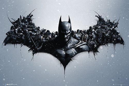 Düsteres Batman-Poster im Arkham-Design mit einem Fledermaus-Schwarm, erhältlich in unserem Store in Berlin.