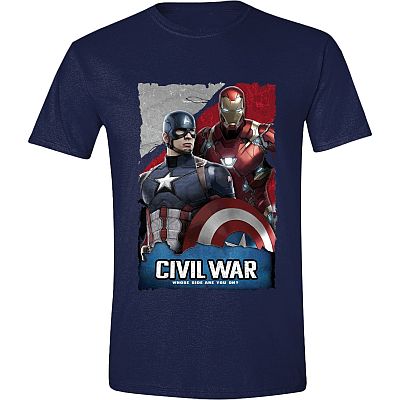 Blaues, kurzärmliges T-Shirt mit einem Print, der Captain America und Iron Man zeigt, sowie der Aufschrift 'Civil War' auf der Vorderseite.