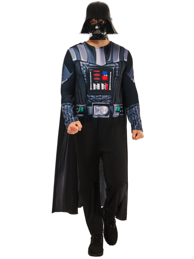 Schwarzes Star Wars Darth Vader Kostüm für Erwachsene, komplett mit Maske und langem Umhang.