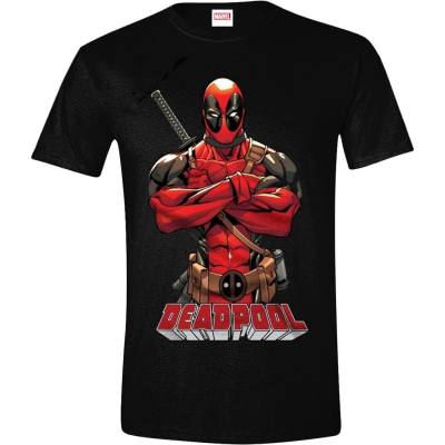 Schwarzes, kurzärmliges T-Shirt mit einem Print des Marvel-Antihelden Deadpool in einer dynamischen Pose auf der Brust.