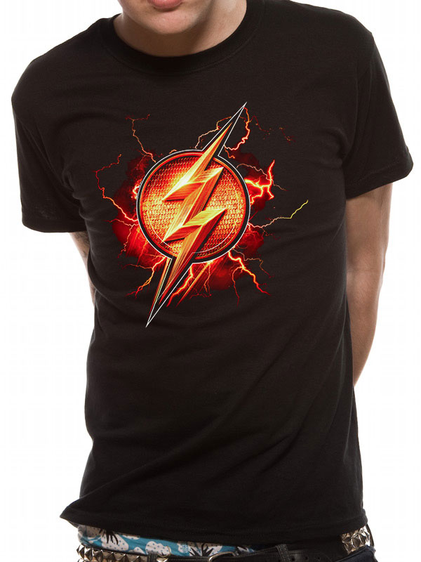 Schwarzes, kurzärmliges T-Shirt mit dem markanten Flash-Logo auf der Brust.