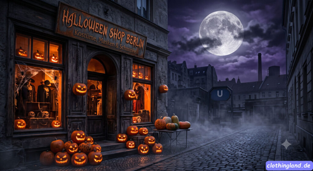 Die gruselige Nachtfassade des "HALLOWEEN SHOP BERLIN" mit dem Text "HALLOWEEN SHOP BERLIN" und "Kostüme, Masken & Schminke" über dem Eingang. Der Laden ist von unzähligen geschnitzten, leuchtenden Jack-o'-lanterns gesäumt, die auf dem Kopfsteinpflaster und an Ketten hängen. Im Schaufenster sind Schaufensterpuppen in Hexen- und Skelettkostümen zu sehen. Der neblige Hintergrund zeigt einen großen Vollmond vor einem violetten Himmel, Berliner Wohngebäude und ein U-Bahn-Schild.