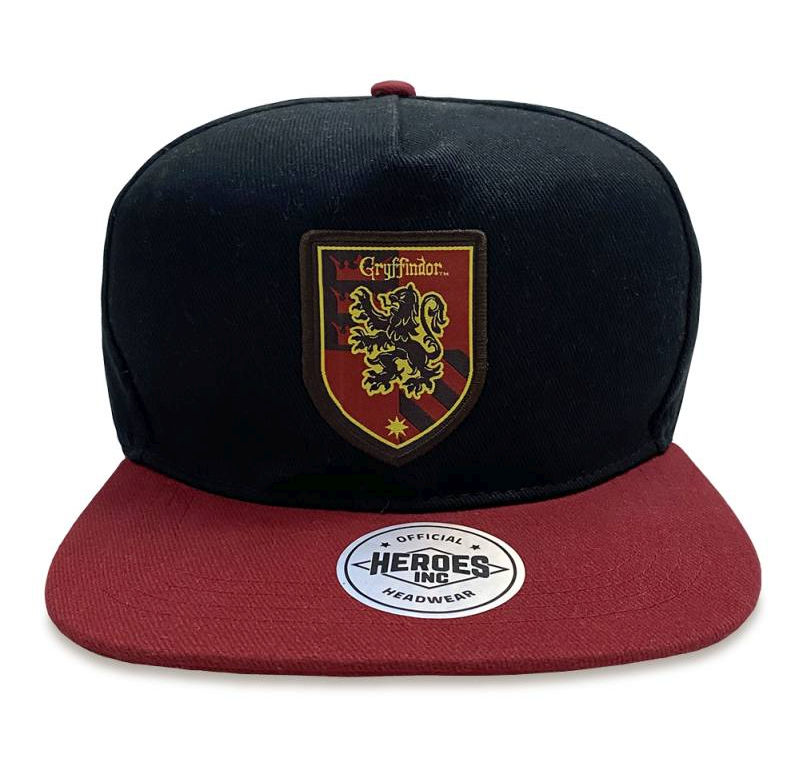 Offizielles Harry Potter Fan-Cap; zweifarbiges Design (rot und schwarz) mit aufgesticktem Gryffindor-Löwenwappen auf der Vorderseite und gebogenem Schirm.