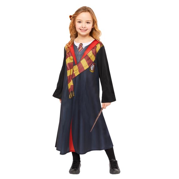 Hermine Granger Kostüm für Kinder mit Hogwarts-Robe und Gryffindor-Wappen mit Zauberstab.