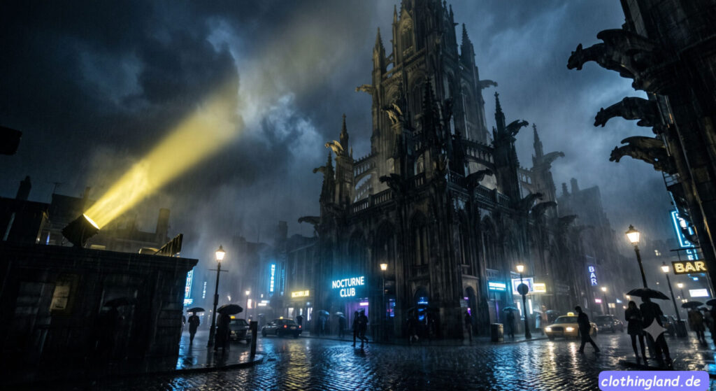 Düsteres Hintergrundbild einer regnerischen, gotischen Metropole bei Nacht. Wasserspeier und ein greller Scheinwerfer am Himmel erzeugen eine klassische Comic-Atmosphäre, passend zur Kategorie für Superhelden- und Schurken-Kostüme.