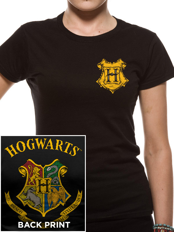 Bordeaux-rotes Hogwarts T-Shirt für Damen mit aufgedrucktem Hogwarts-Wappen auf der Vorderseite und Rückseite.