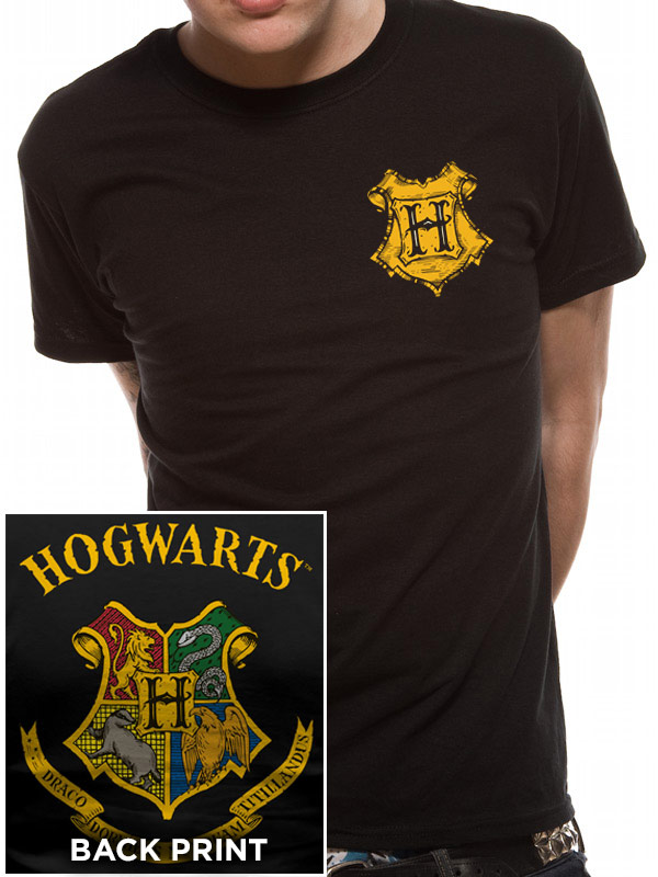 Unisex T-Shirt Hogwarts in Schwarz mit Wappen-Druck auf Vorderseite und Rückseite.