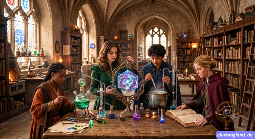 Vier junge Zauberschüler in authentischen Roben und Umhängen studieren in einer atmosphärischen gotischen Magie-Bibliothek um einen Kessel und magische Artefakte – ideal für Cosplayer und Fasching-Fans, die hochwertige magische Kostüme kaufen in Berlin möchten.