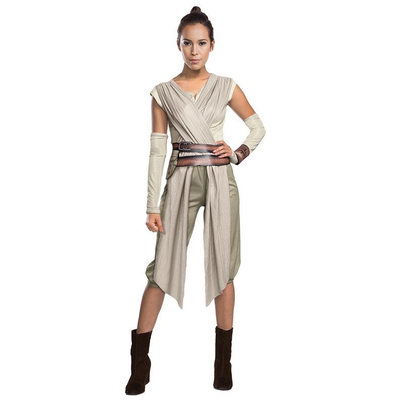 Star Wars Rey Kostüm für Damen, bestehend aus beiger Tunika, braunem Gürtel und Armstulpen.