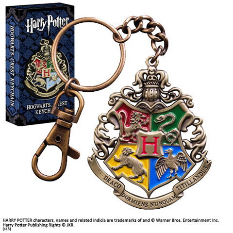 Harry Potter Schlüsselanhänger mit dem Hogwarts-Schulwappen, das die vier Symbole der Häuser Gryffindor, Slytherin, Ravenclaw und Hufflepuff zeigt.