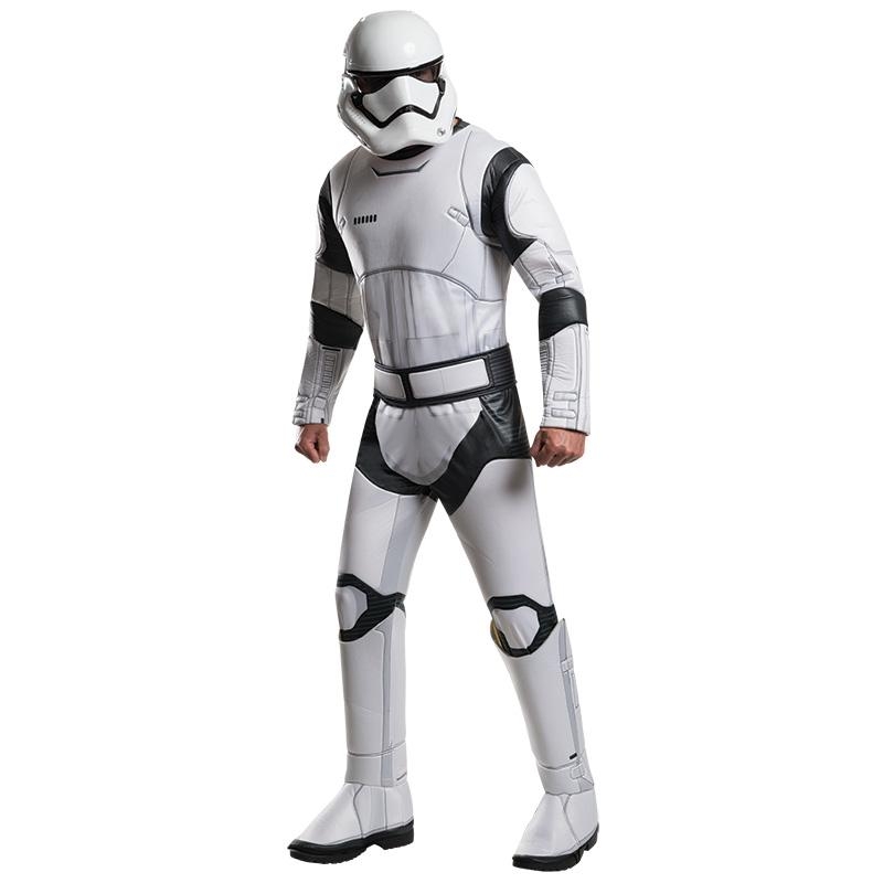 Mann im authentischen Star Wars Stormtrooper Kostüm für Herren, bestehend aus weißer Overall und Helm.