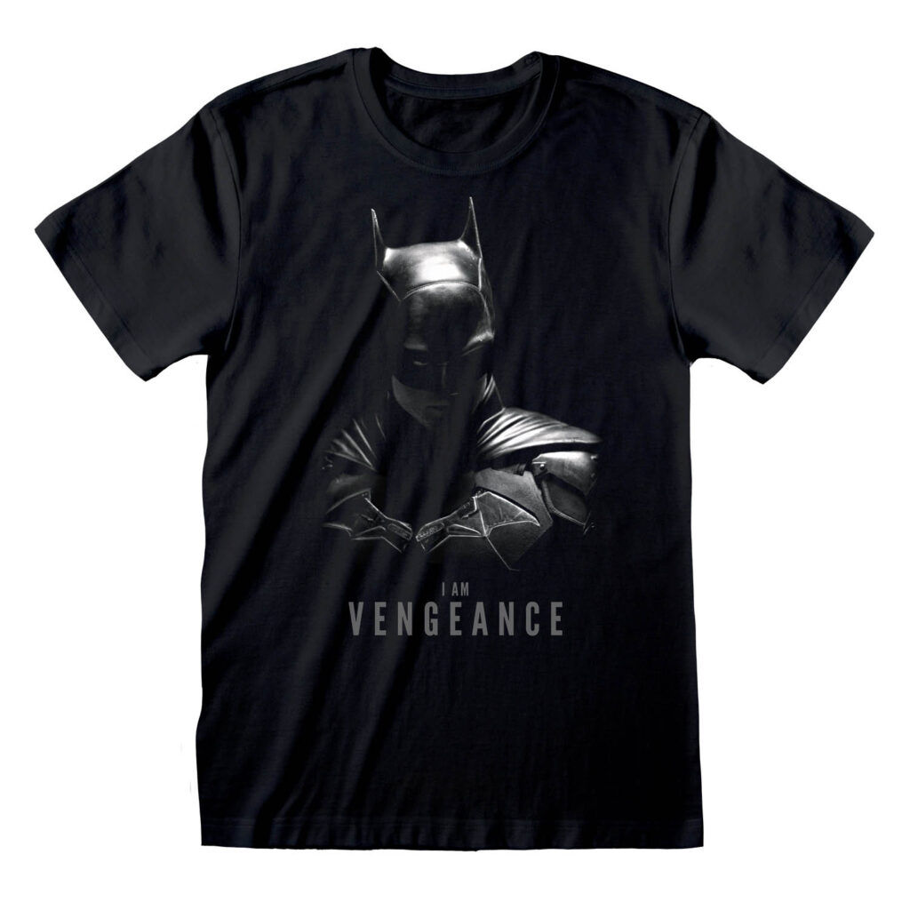 Schwarzes, kurzärmliges T-Shirt mit einem düsteren Batman-Print und dem markanten Schriftzug 'Vengeance' auf der Vorderseite.