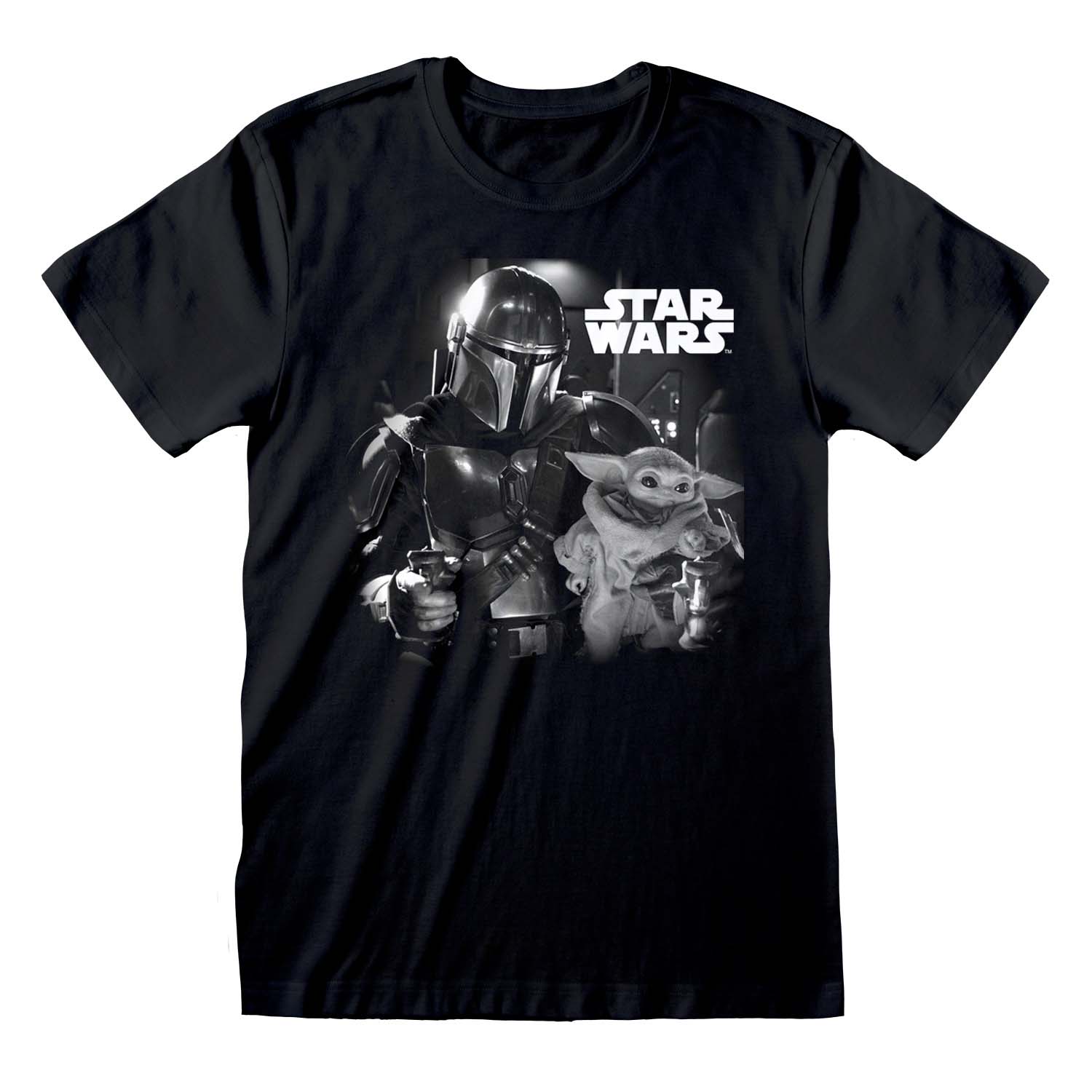 Schwarzes T-Shirt mit einem fotorealistischen Schwarz-Weiß-Aufdruck von Baby Yoda (Grogu) aus der Serie The Mandalorian