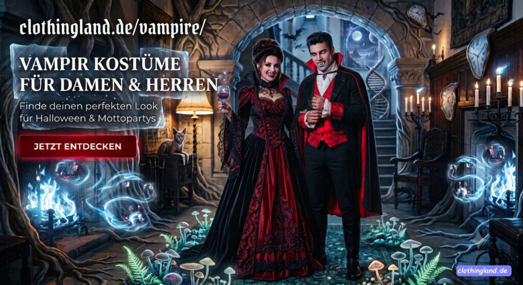 Werbebanner von clothingland.de zeigt zwei Models in einem surrealen Schlossraum. Sie tragen detaillierte Outfits: Ein schwarz-rotes Kleid und einen Herrenanzug mit knallroter Weste. Ihr Online-Shop, wenn Sie Vampir Kostüme für Damen und Herren kaufen in Berlin
