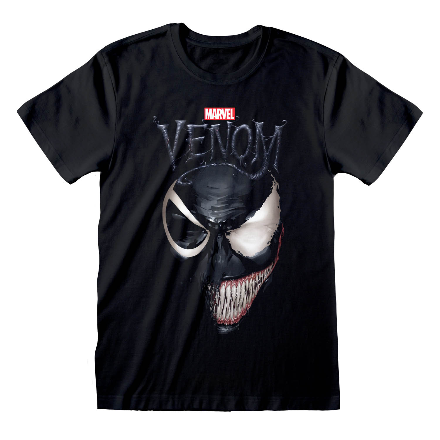Schwarzes, kurzärmliges T-Shirt mit einem großen, bedrohlichen Print von Venoms Gesicht auf der Brust