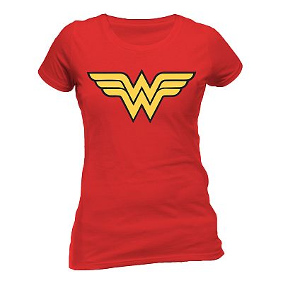 Ein rotes tailliertes Damen-T-Shirt mit dem klassischen Wonder Woman-Logo. Das Motiv zeigt das ikonische, verschachtelte Doppel-W in leuchtendem Gelb, zentral auf der Vorderseite platziert.