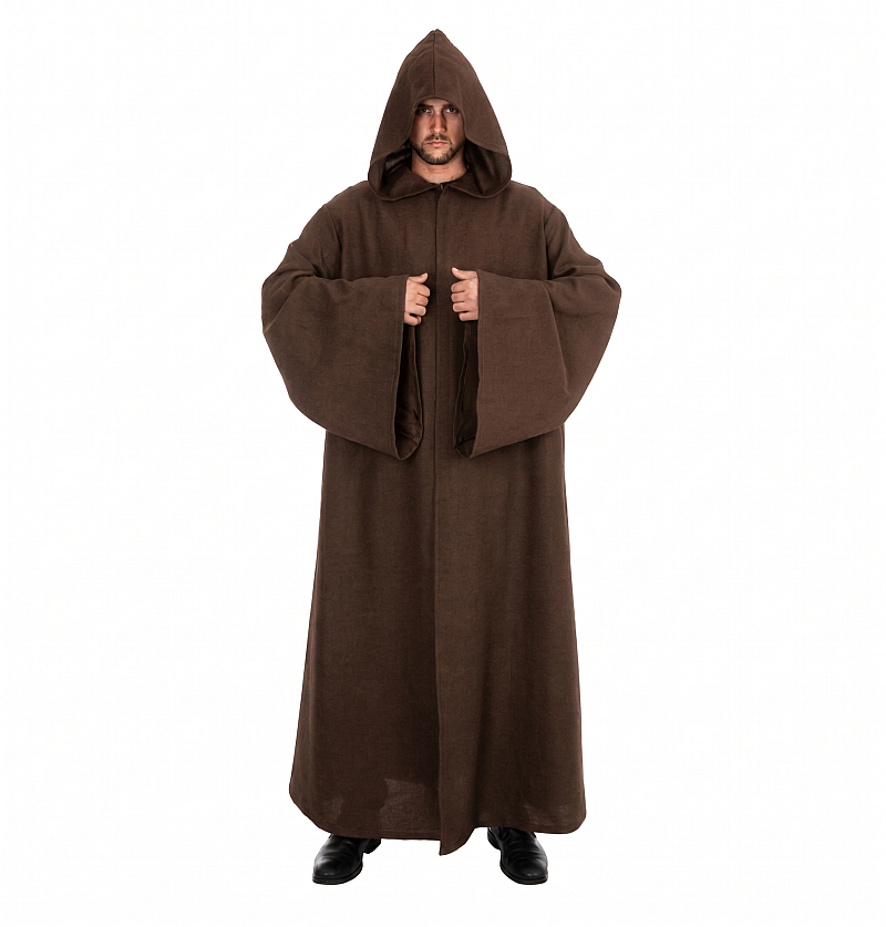 Eine lange, braune Herren-Robe im Mittelalter-Stil, ideal für historische Kostüme oder LARP