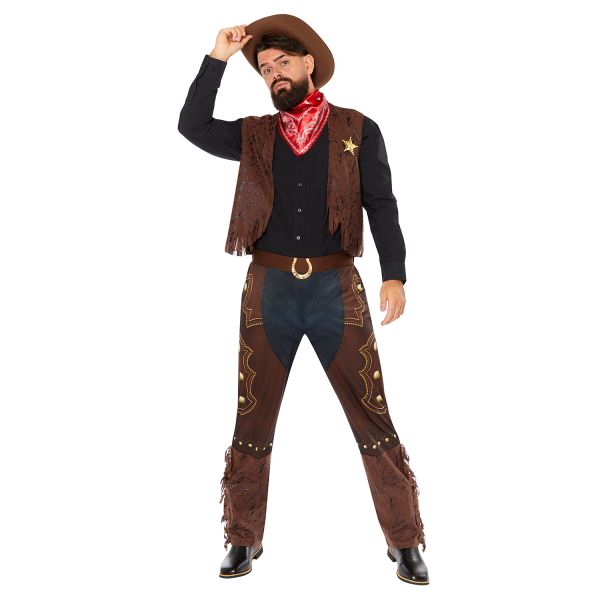 Cowboy-Kostüm für Herren mit Weste, Hut, Halstuch und Hose