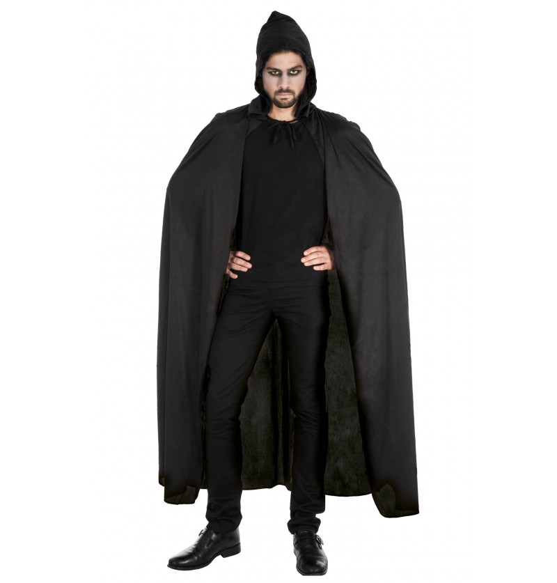 Langer schwarzer Umhang mit Kapuze (190 cm) für Halloween, LARP und Fantasy-Kostüme aus dem Sortiment unseres Berliner Kostümladens