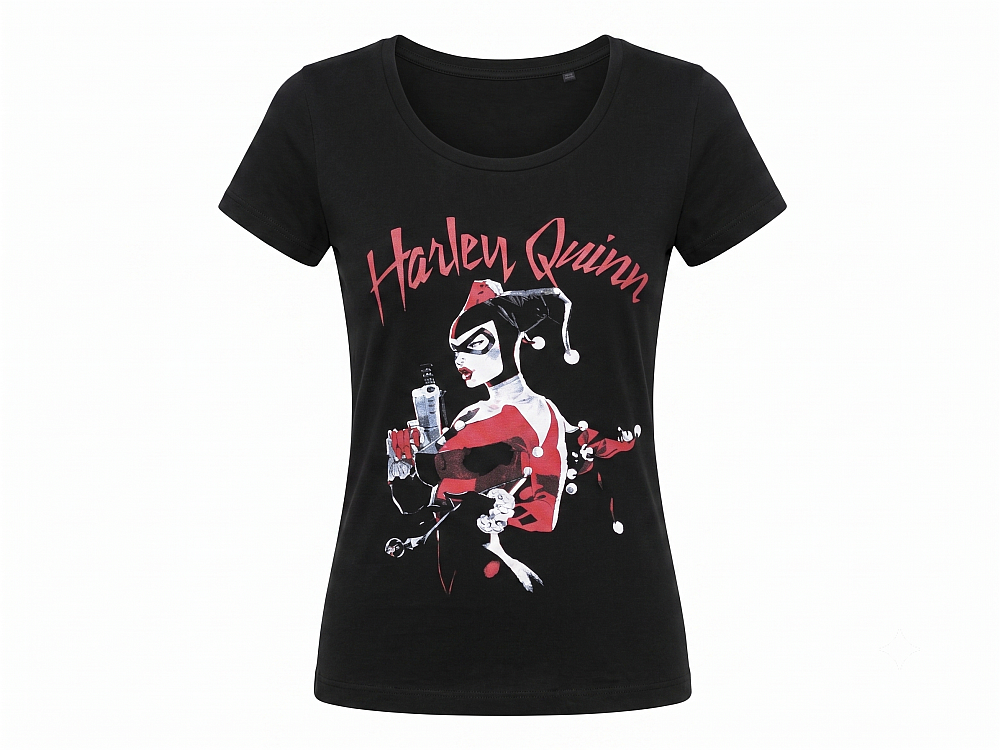 Schwarzes Damen T-Shirt mit Harley Quinn Motiv.
