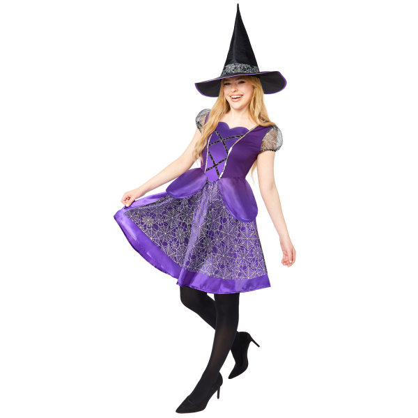 Hexen Kostüm für Damen in Lila – elegantes Hexenkleid mit Hut für Halloween, Karneval und Walpurgisnacht.