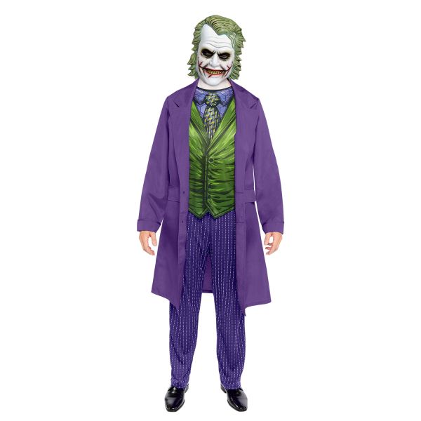 Herrenkostüm Joker im markanten lila Mantel und Maske .