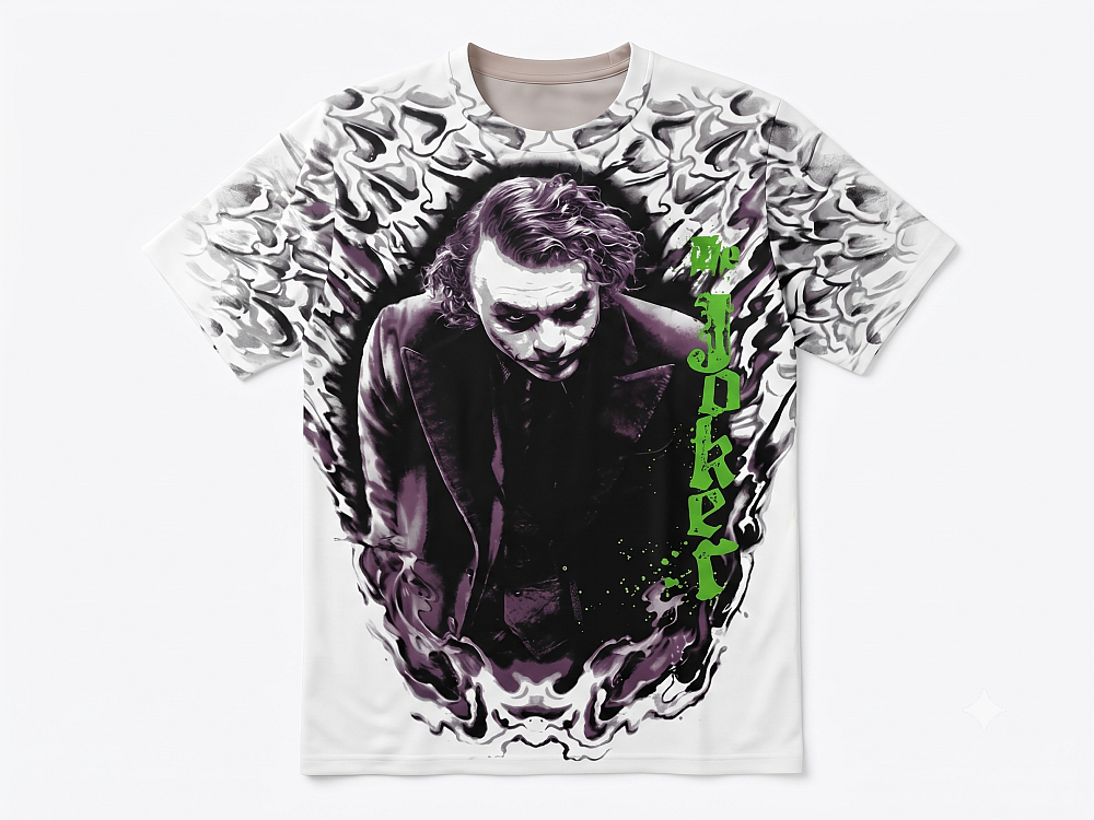 Ein weißes T-Shirt mit einem detaillierten, vollflächigen Grafikdruck. Das zentrale Motiv ist ein intensiv getöntes violettes Porträt des Jokers (Heath Ledgers Darstellung), der direkt nach vorne blickt. Er ist von einem dichten, chaotischen All-Over-Muster aus schwarzen, grauen und violetten Rauch- und Flammenmotiven umgeben. Auf der rechten Seite des Shirts (Trägerseite) ist vertikal der Text 'THE JOKER' in einem giftgrünen Graffiti-Stil aufgedruckt.