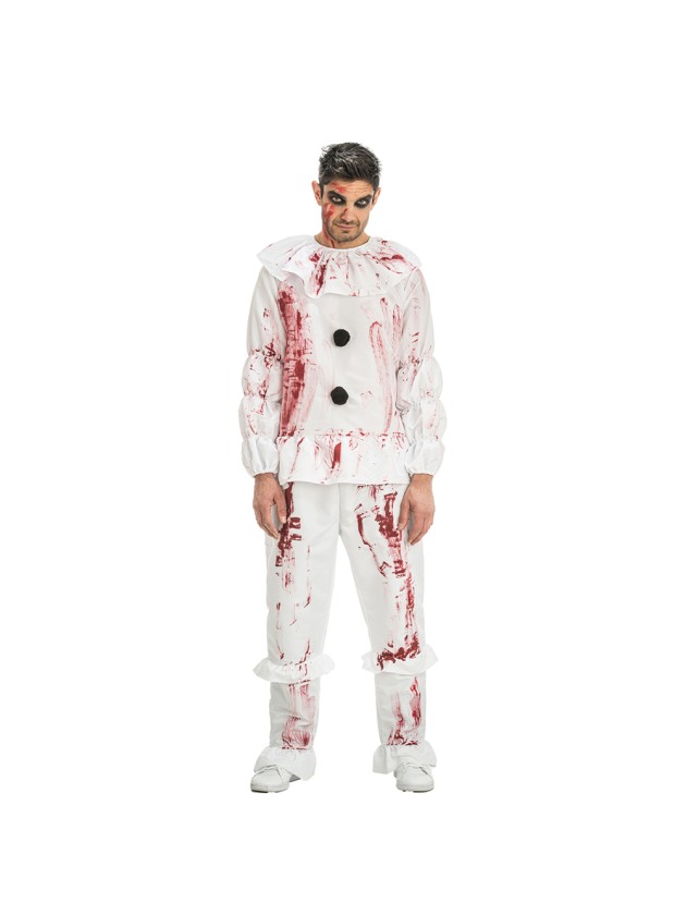Weißes, blutiges Killer-Clown-Kostüm für Halloween aus unserem Kostümladen in Berlin.