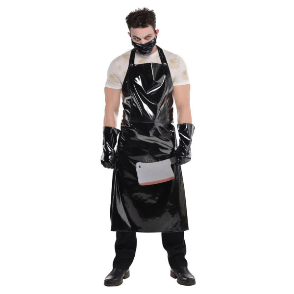 Schwarzes Metzger Kostüm Herren – Halloween Kostüm mit Schürze und Metzgerbeil für Gruselpartys.