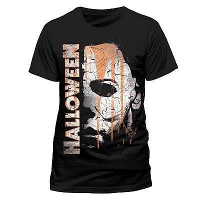 Schwarzes Halloween T-Shirt mit der ikonischen, weißen Maske des Serienkillers Michael Myers auf der Vorderseite