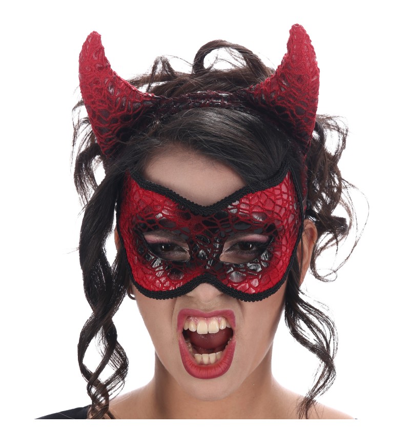 Teufels-Augenmaske mit passenden Haarreif-Hörnern für Halloween – erhältlich im Kostümladen ClothingLand in Berlin