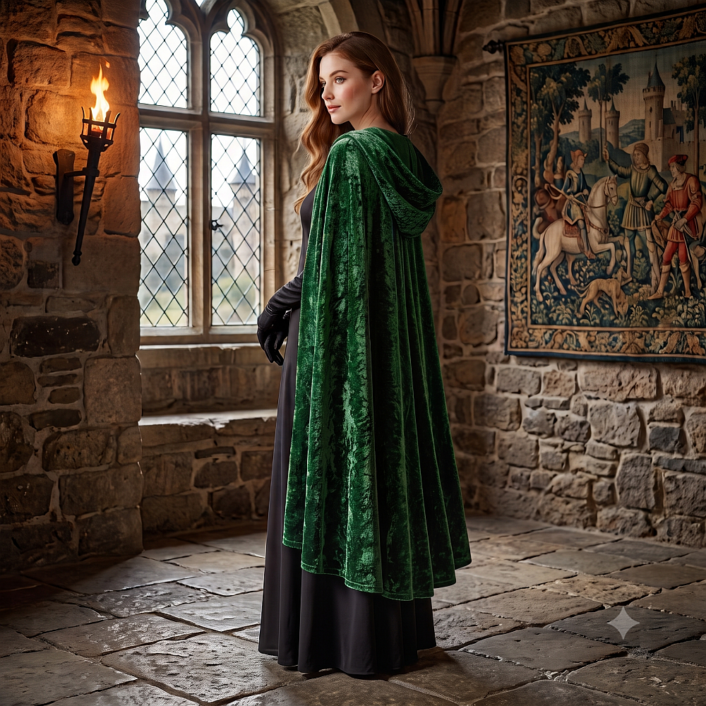 Rückenansicht eines Umhangs aus Samt mit Kapuze für Mittelalter, Fantasy und LARP. Erhältlich in unserem Kostümladen in Berlin.