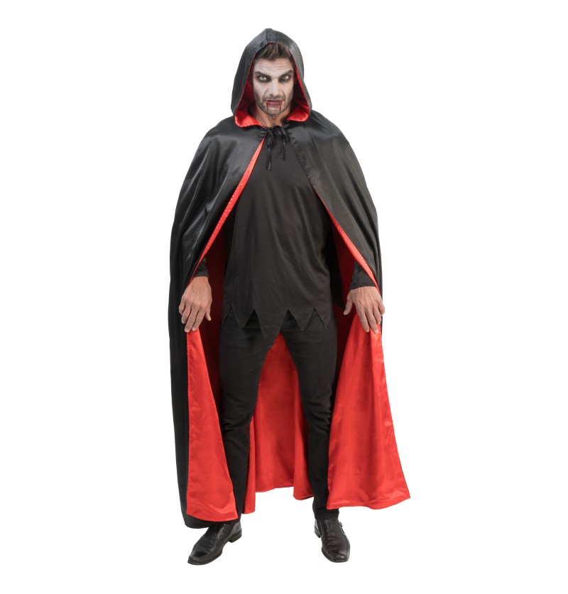 Schwarz roter Wendeumhang mit Kapuze für Halloween Kostüme 150cm