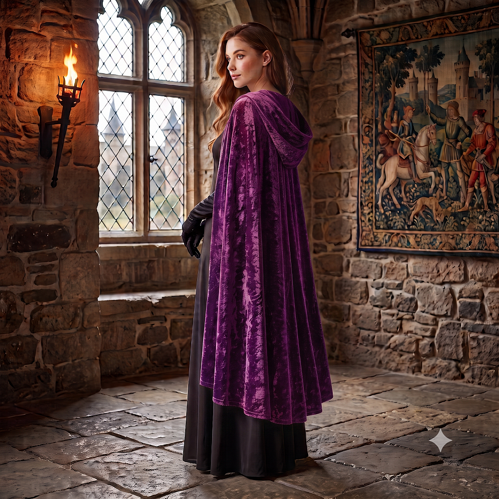 Rückenansicht eines violetten Umhangs aus Samt mit Kapuze für Mittelalter, Fantasy und LARP. Erhältlich in unserem Kostümladen in Berlin.