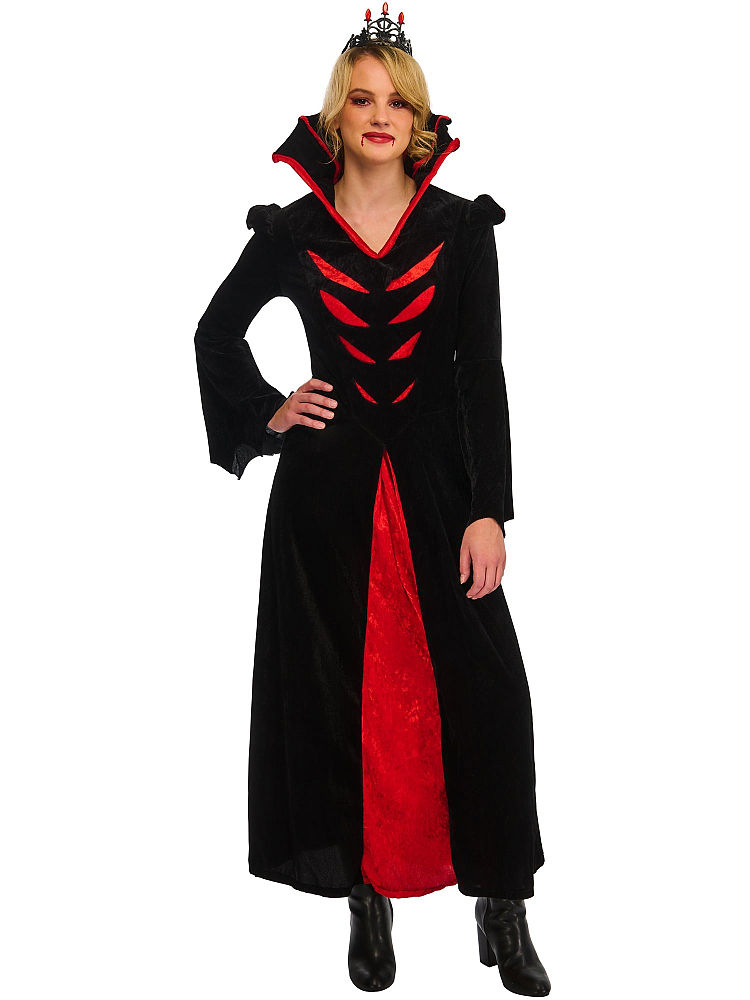 Vampir-Königin Kostüm für Damen in Schwarz und Rot – elegantes Vampirkleid mit Stehkragen für Halloween und Karneval.