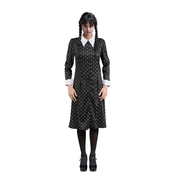 Klassisches Wednesday Addams Kostümkleid in Schwarz mit markantem weißem Kragen und weißen Manschetten kaufen in Berlin.