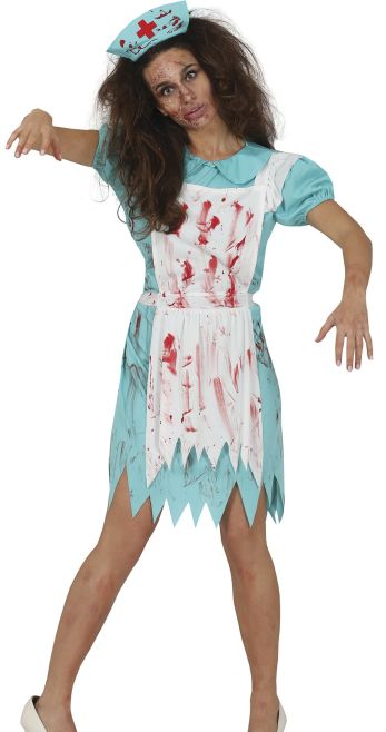 Zombie-Krankenschwester-Kostüm in Türkis und Weiß, bestehend aus einem zerrissenen, blutbefleckten Schwesternkleid und einer passenden Haube