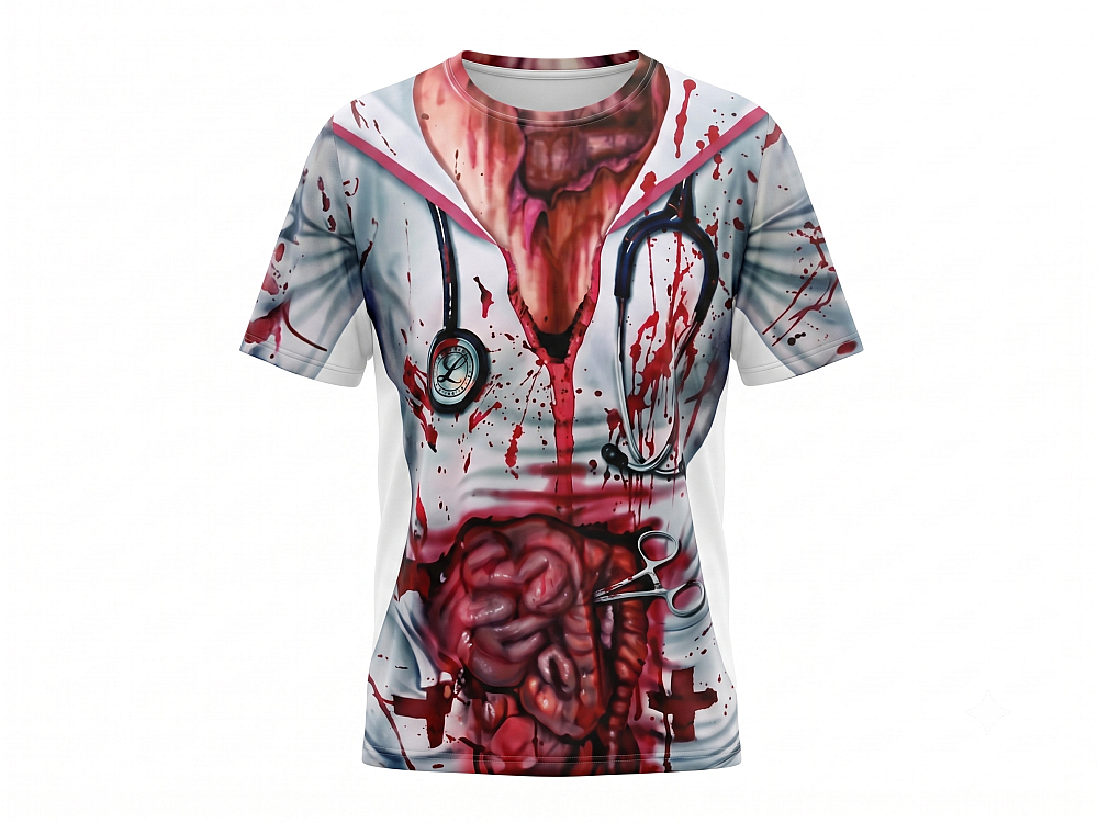 Damen T-Shirt für Halloween mit Zombie-Krankenschwester-Motiv.